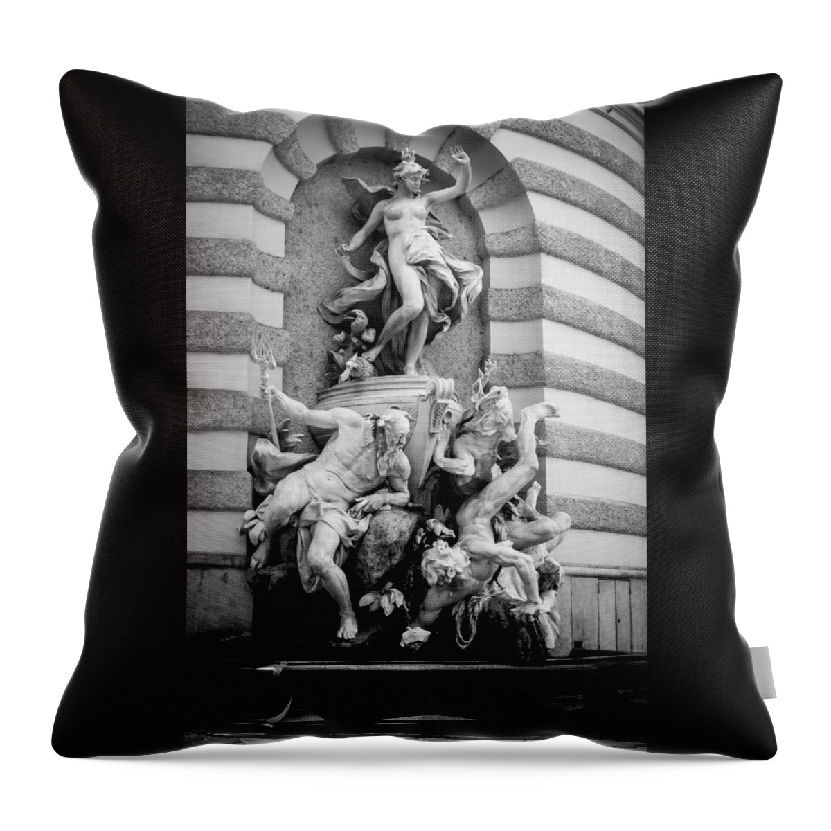 Fountain Throw Pillow featuring the photograph Mastery of the Sea - Vienna B W by Pamela Newcomb