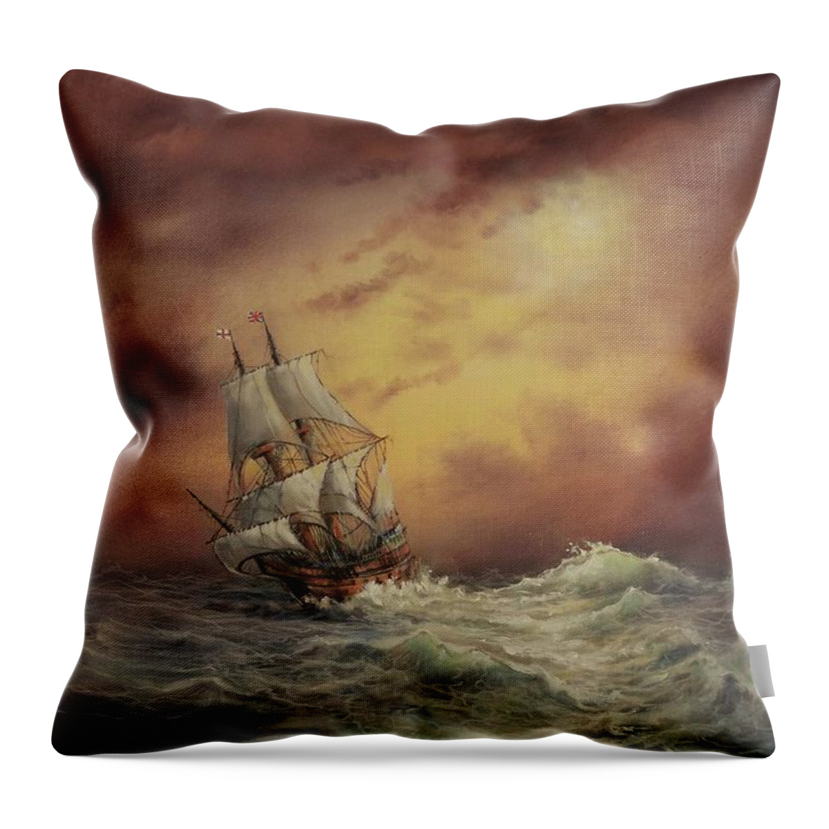 Mayflower Throw Pillow featuring the painting Mayflower At Sea by Tom Shropshire
