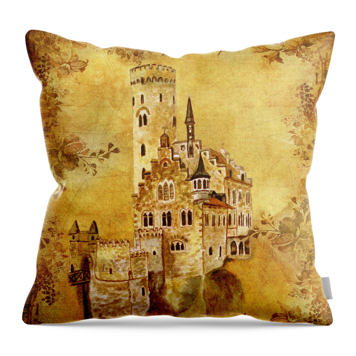 Castles Throw Pillow featuring the painting Medieval Golden Castle by Angeles M Pomata
