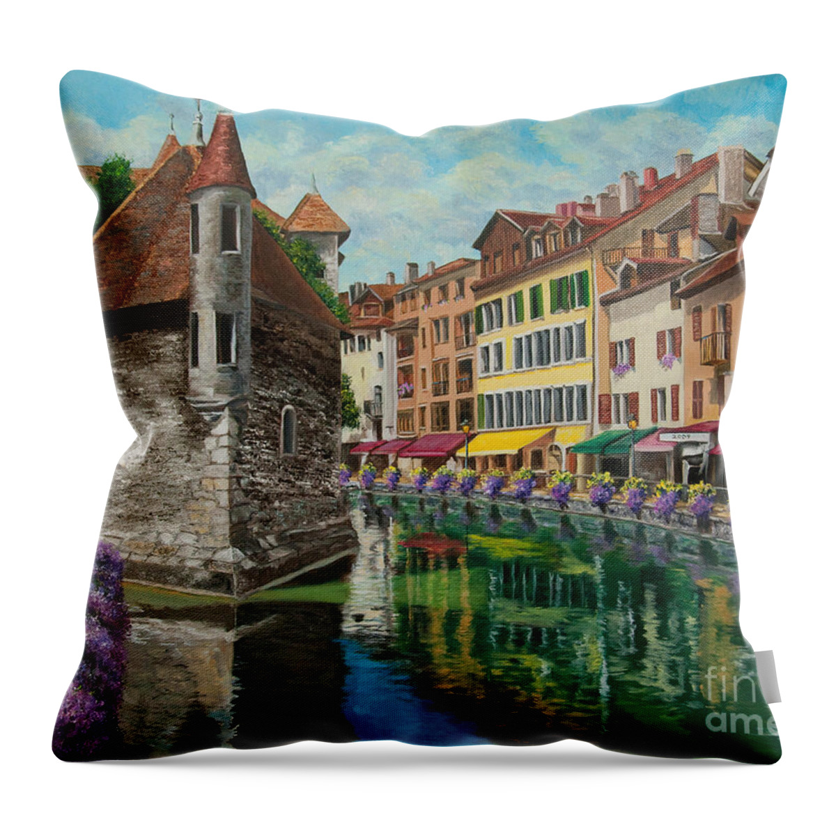 Annecy France Art Throw Pillow featuring the painting Medieval Jail in Annecy by Charlotte Blanchard