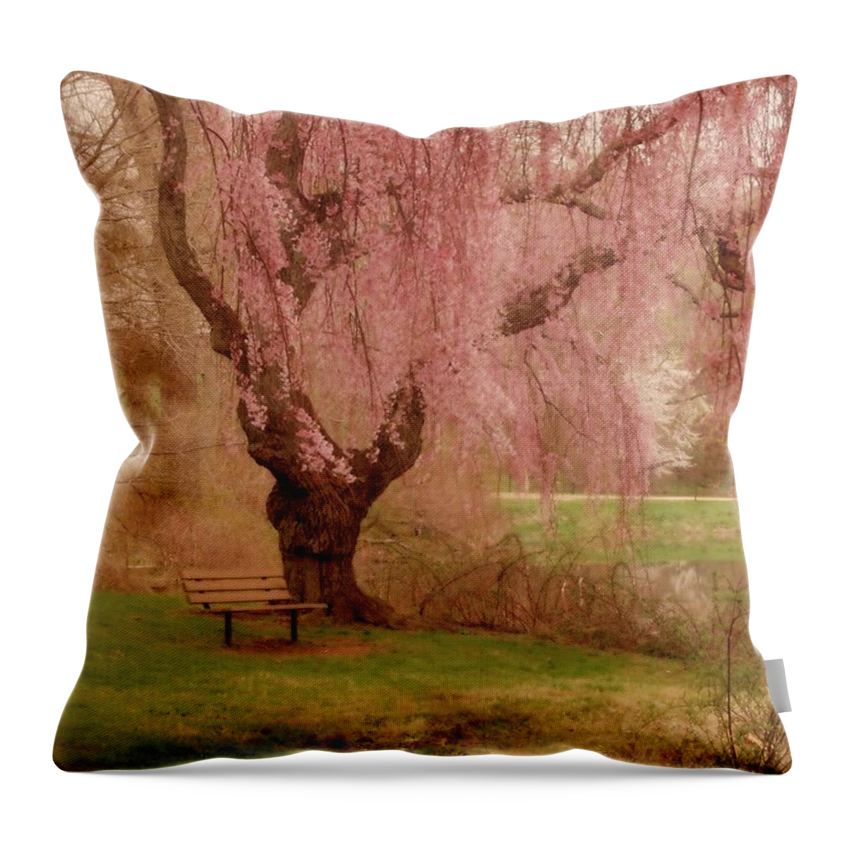 Cherry Blossom Trees Throw Pillow featuring the photograph Memories - Holmdel Park by Angie Tirado