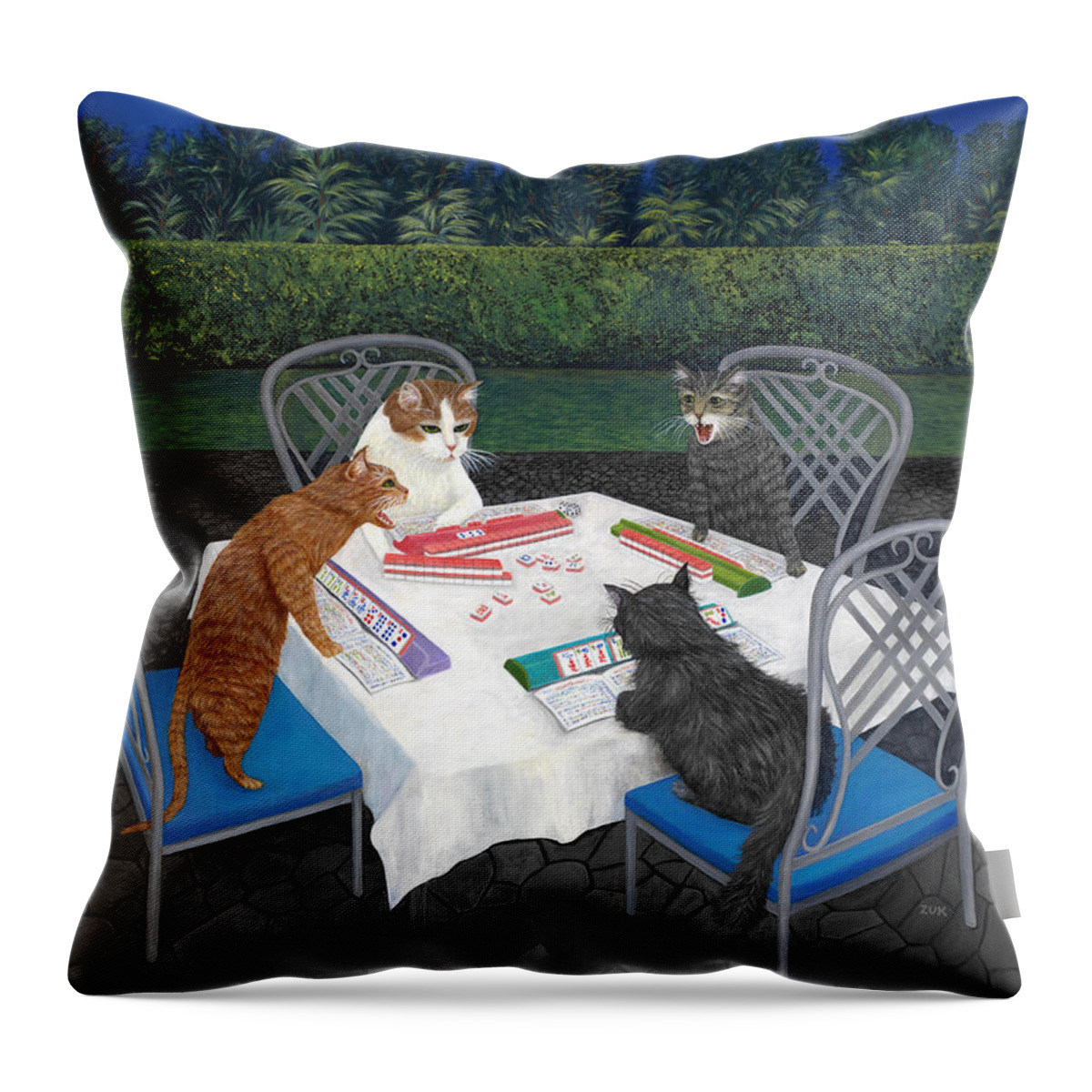 Cat Art Throw Pillow featuring the painting Meowjongg - Cats playing Mahjongg by Karen Zuk Rosenblatt