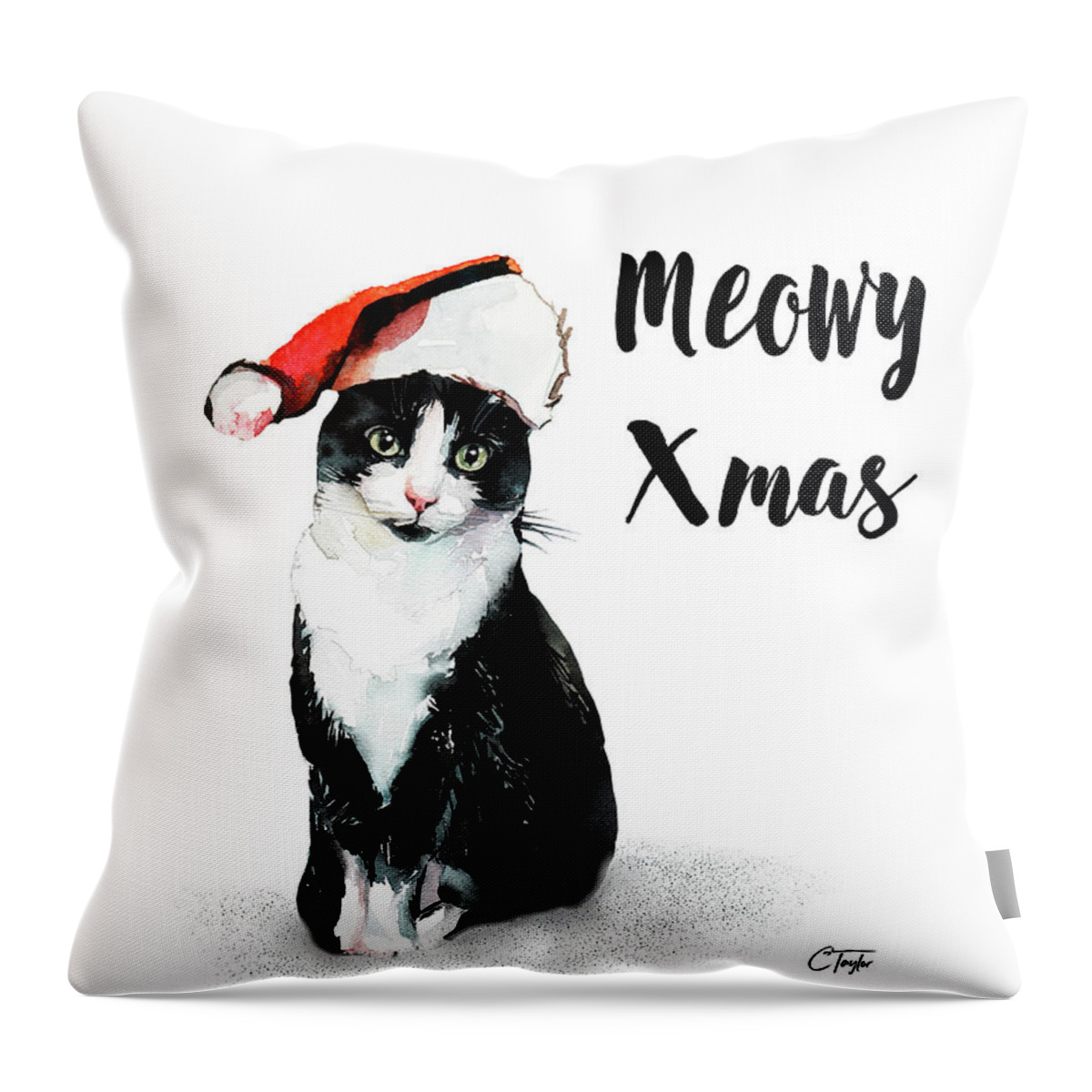 Cat Throw Pillow featuring the painting Meowy Xmas by Colleen Taylor