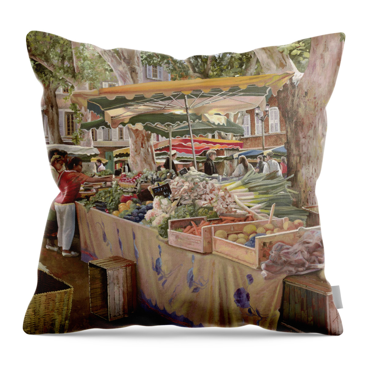 Market Throw Pillow featuring the painting il mercato di Vence by Guido Borelli