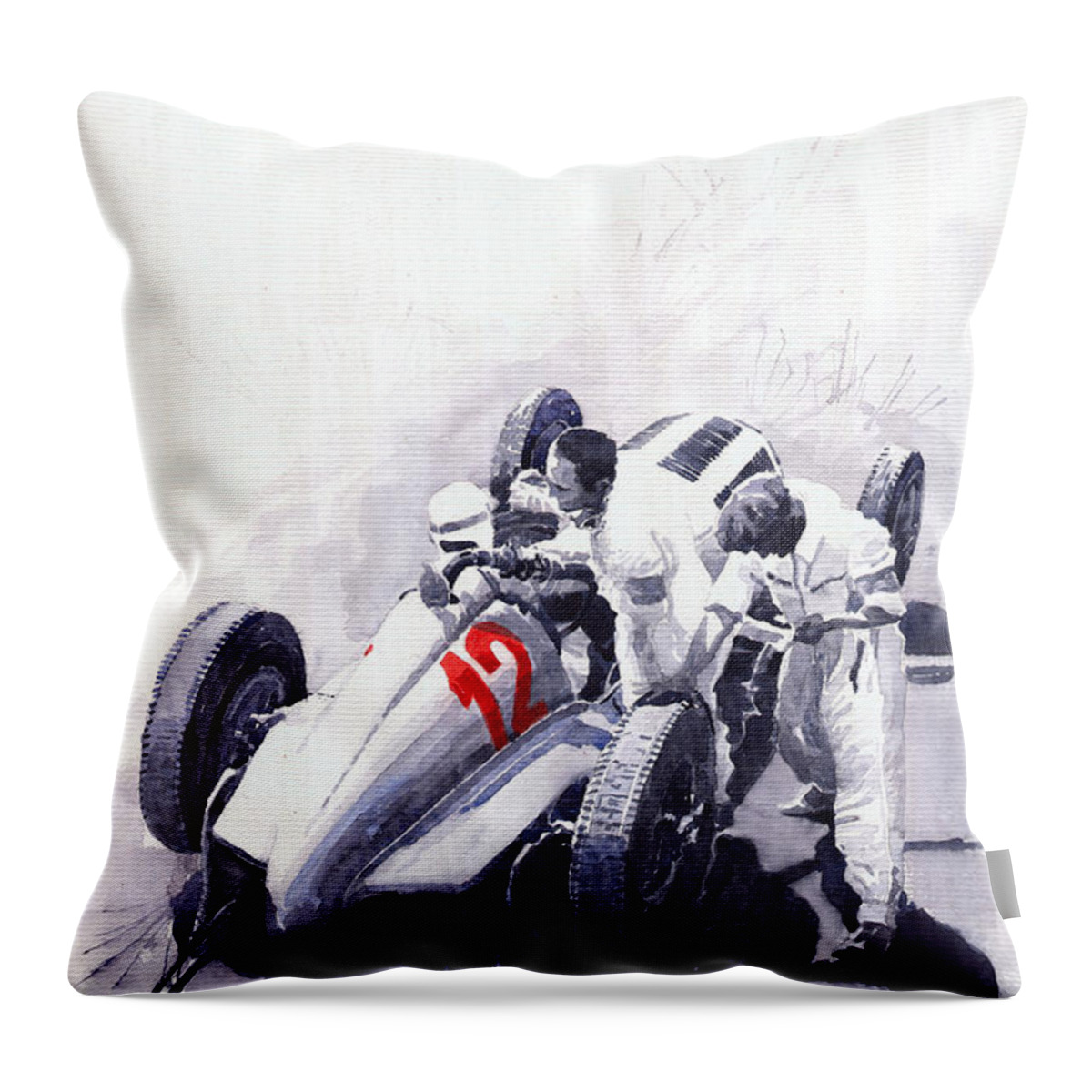 Automotive Throw Pillow featuring the painting Mercedes Benz W125 Rudolf Caracciola the German Grand Prix Nurburgring 1937 by Yuriy Shevchuk