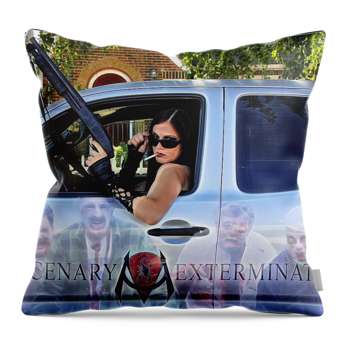 Fantasy Throw Pillow featuring the painting Pro Zombie Hunter by Jon Volden