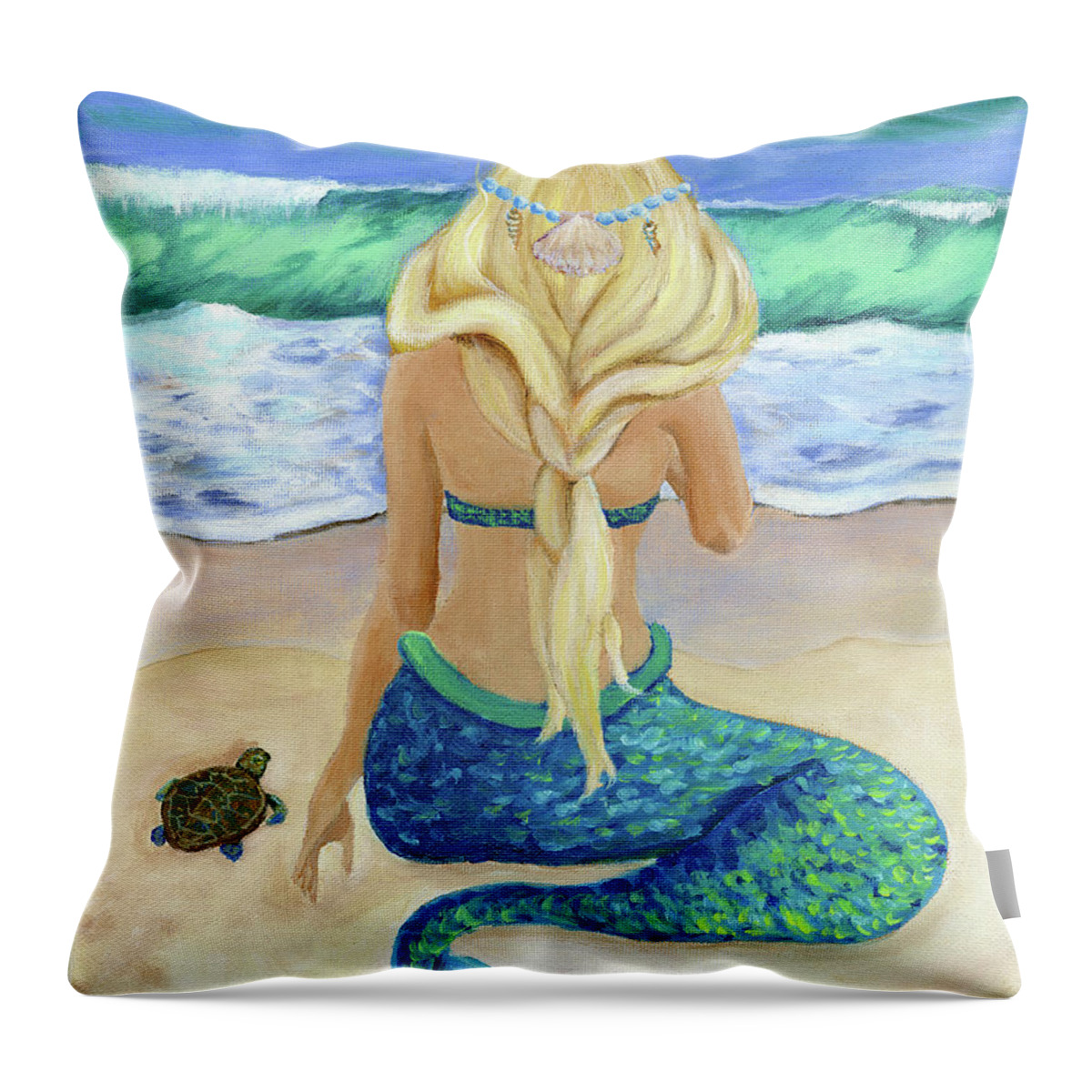 Mermaid Throw Pillow featuring the painting Mermaid and Turtle by Donna Tucker
