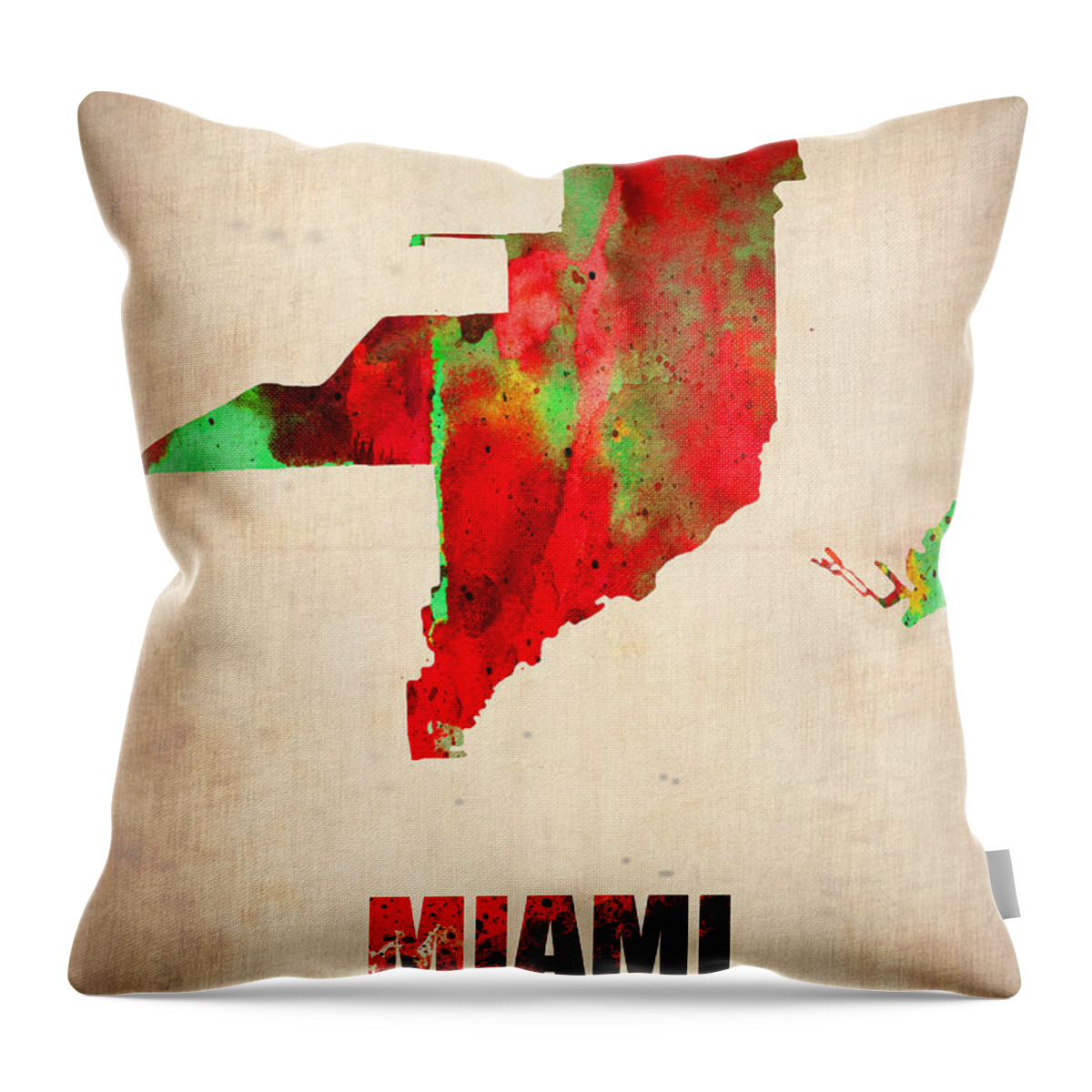 Miami Throw Pillow featuring the mixed media Miami Watercolor Map by Naxart Studio