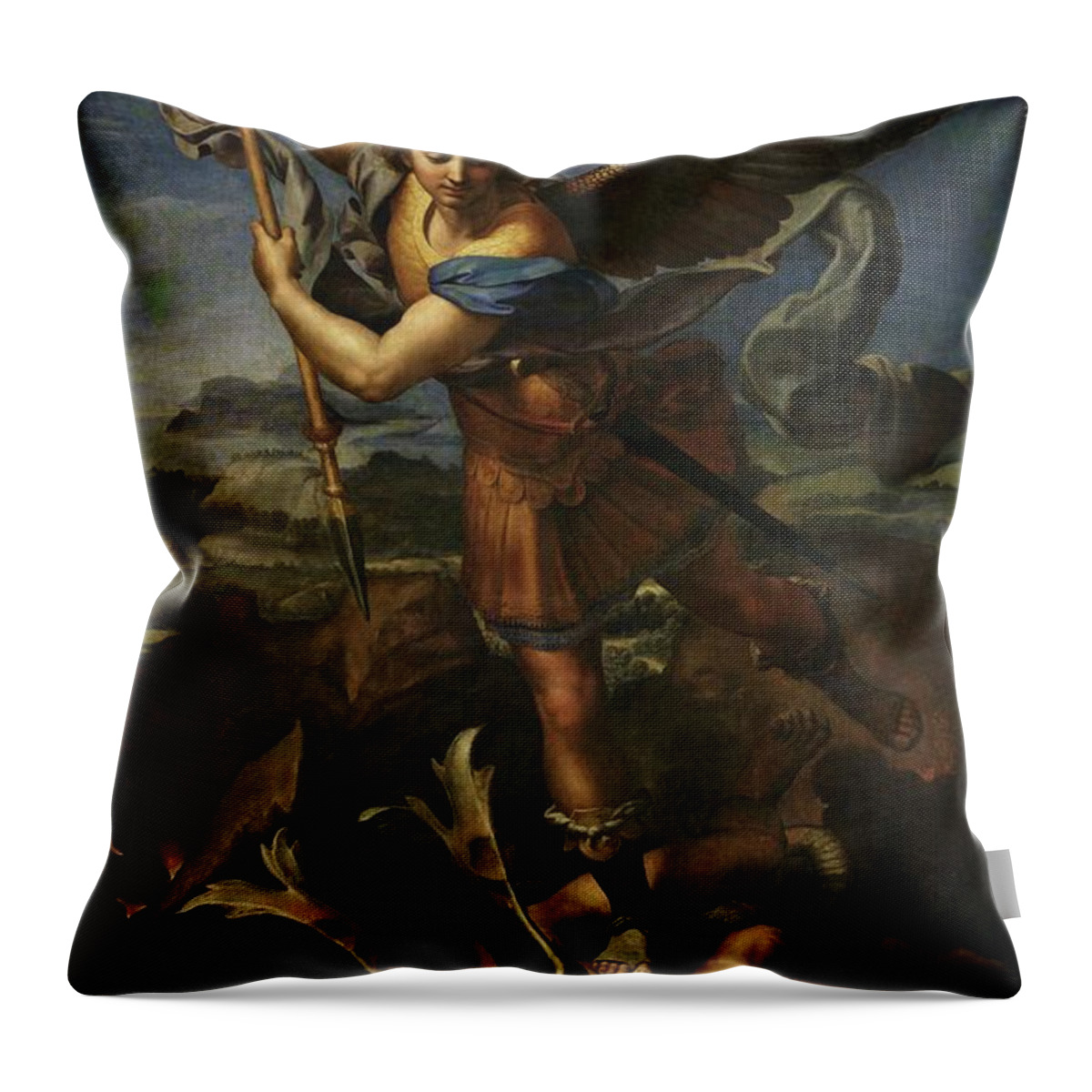 Urbino Throw Pillow featuring the painting Michael defeats Satan by Raphael