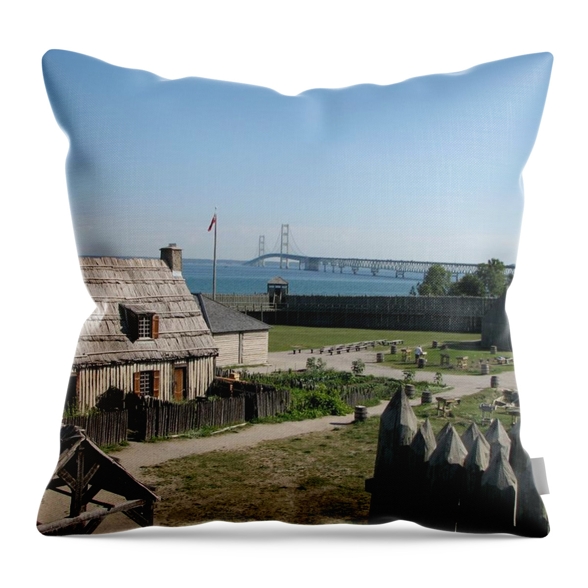 Colonial Michilmackinac Throw Pillow featuring the photograph Michilimackinac and Mackinac Bridge by Keith Stokes