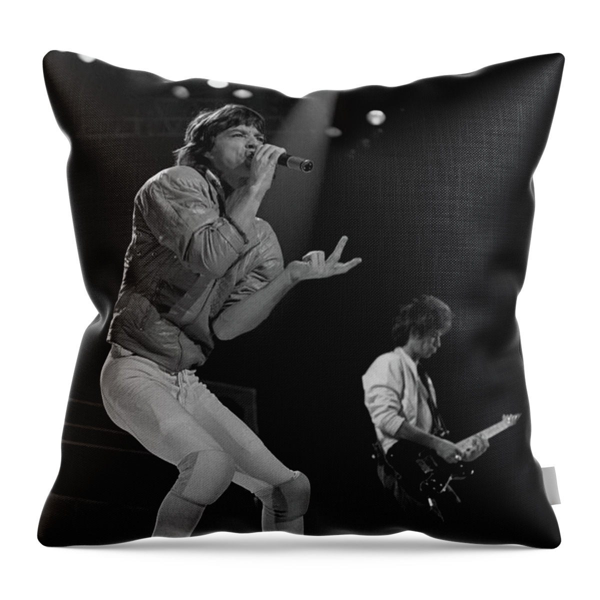 Mick Jagger Throw Pillow featuring the photograph Mick Jagger and Keith Richards on Stage by Jurgen Lorenzen