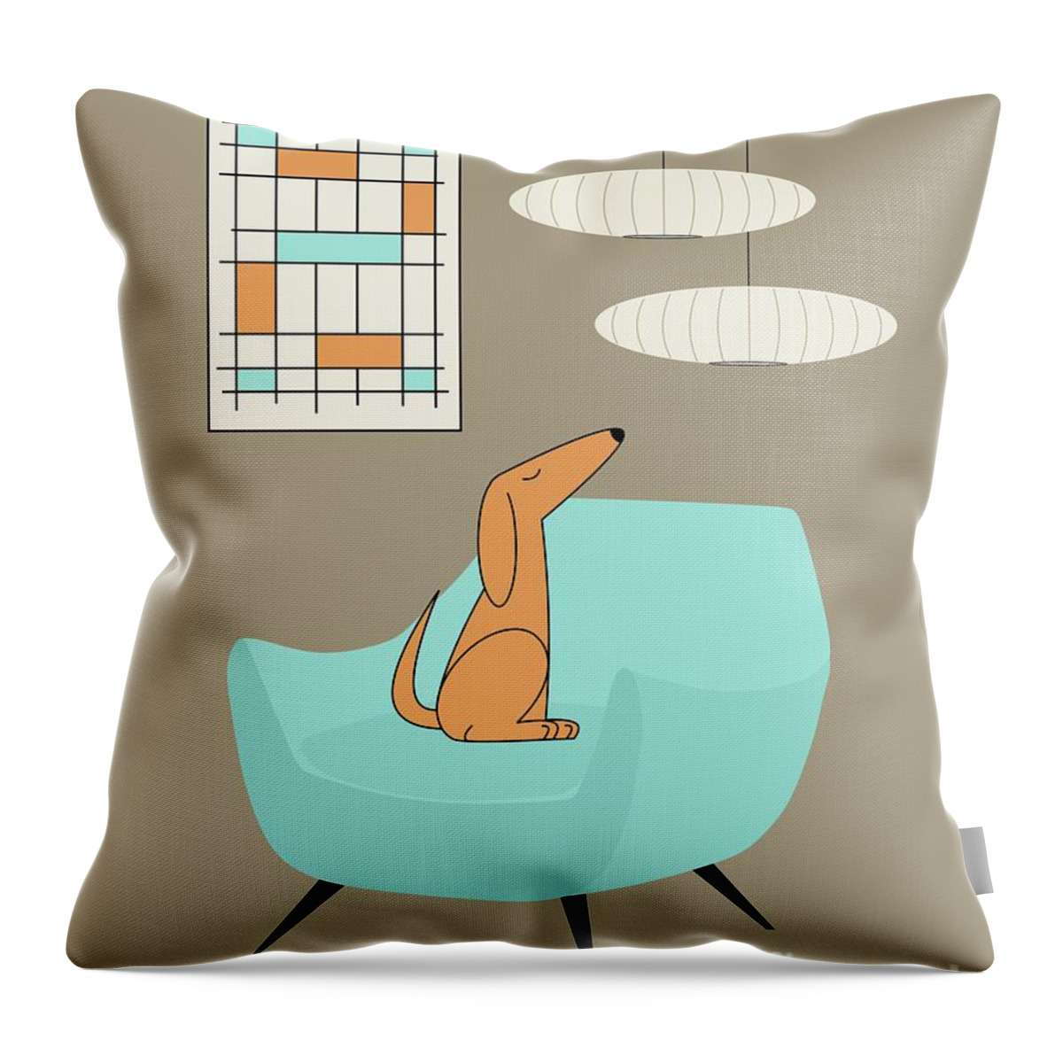 Mid Century Modern Throw Pillow featuring the photograph Mini Abstract Blue Chair Orange Dog by Donna Mibus