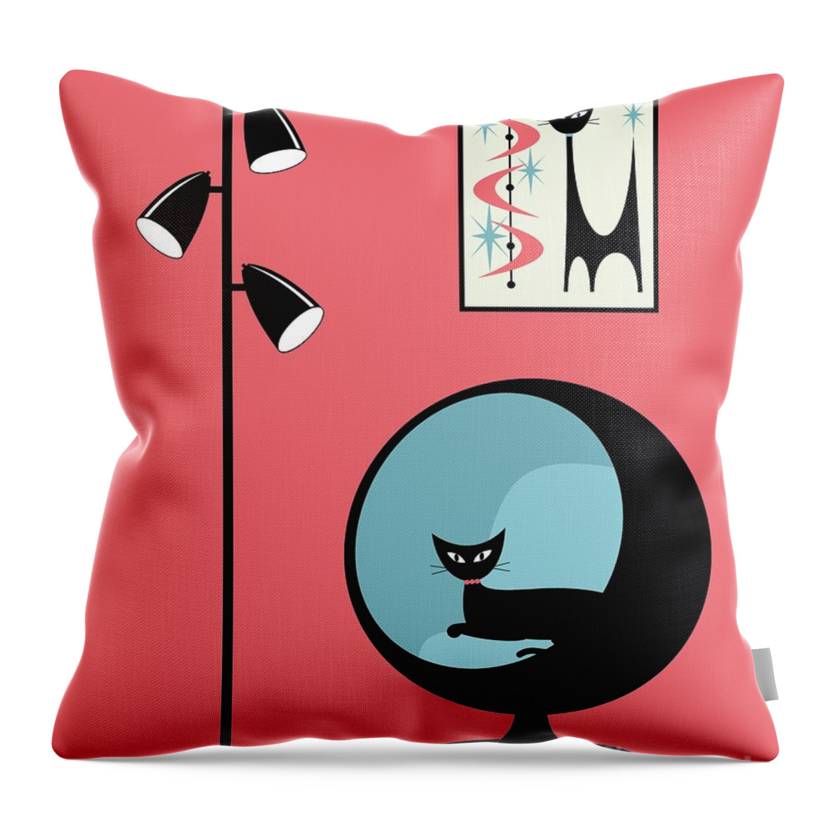 Mid Century Modern Throw Pillow featuring the digital art Mini Atomic Cat on Pink by Donna Mibus