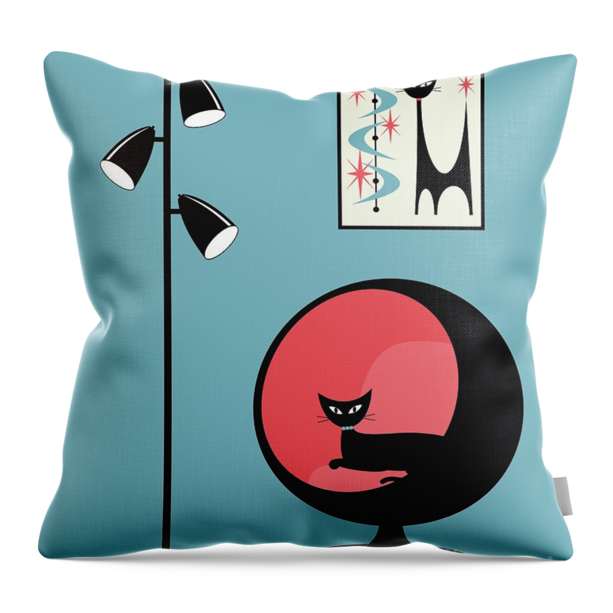 Mid Century Modern Throw Pillow featuring the digital art Mini Atomic Cat on Turquoise by Donna Mibus