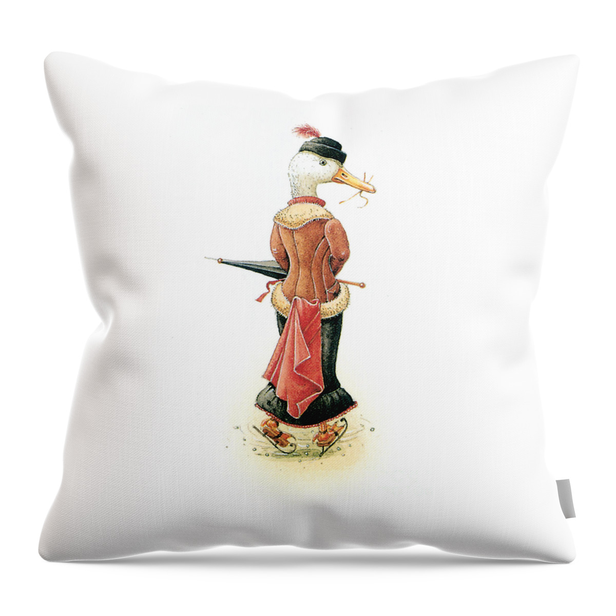 Duck Ice Skating Winter Christmas Greeting Cards Throw Pillow featuring the painting Miss Duck by Kestutis Kasparavicius