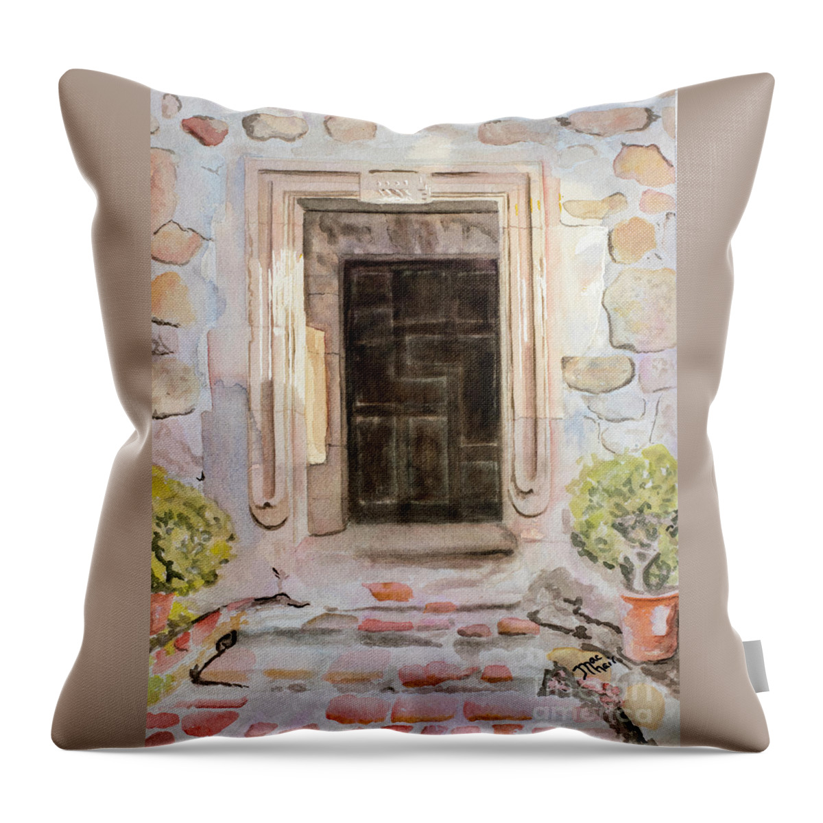 Watercolor Throw Pillow featuring the painting Mission San Juan Capistrano by Jackie MacNair