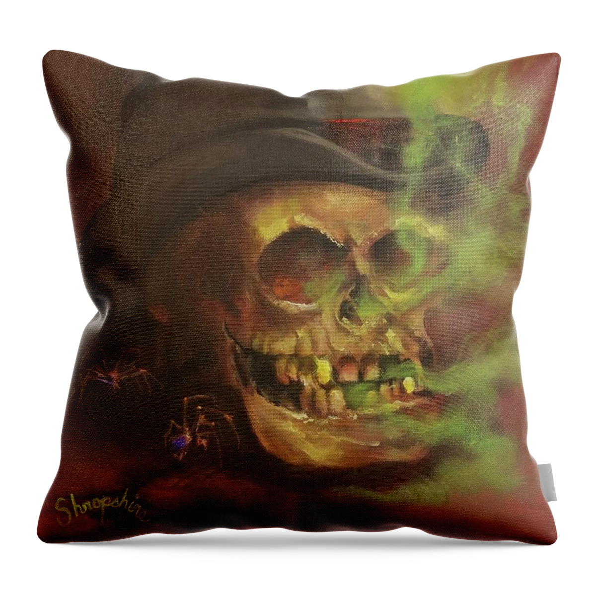 Halloween; Skull; All Hallows’ Eve; Trick-or-treat Throw Pillow featuring the painting Mister Bones by Tom Shropshire