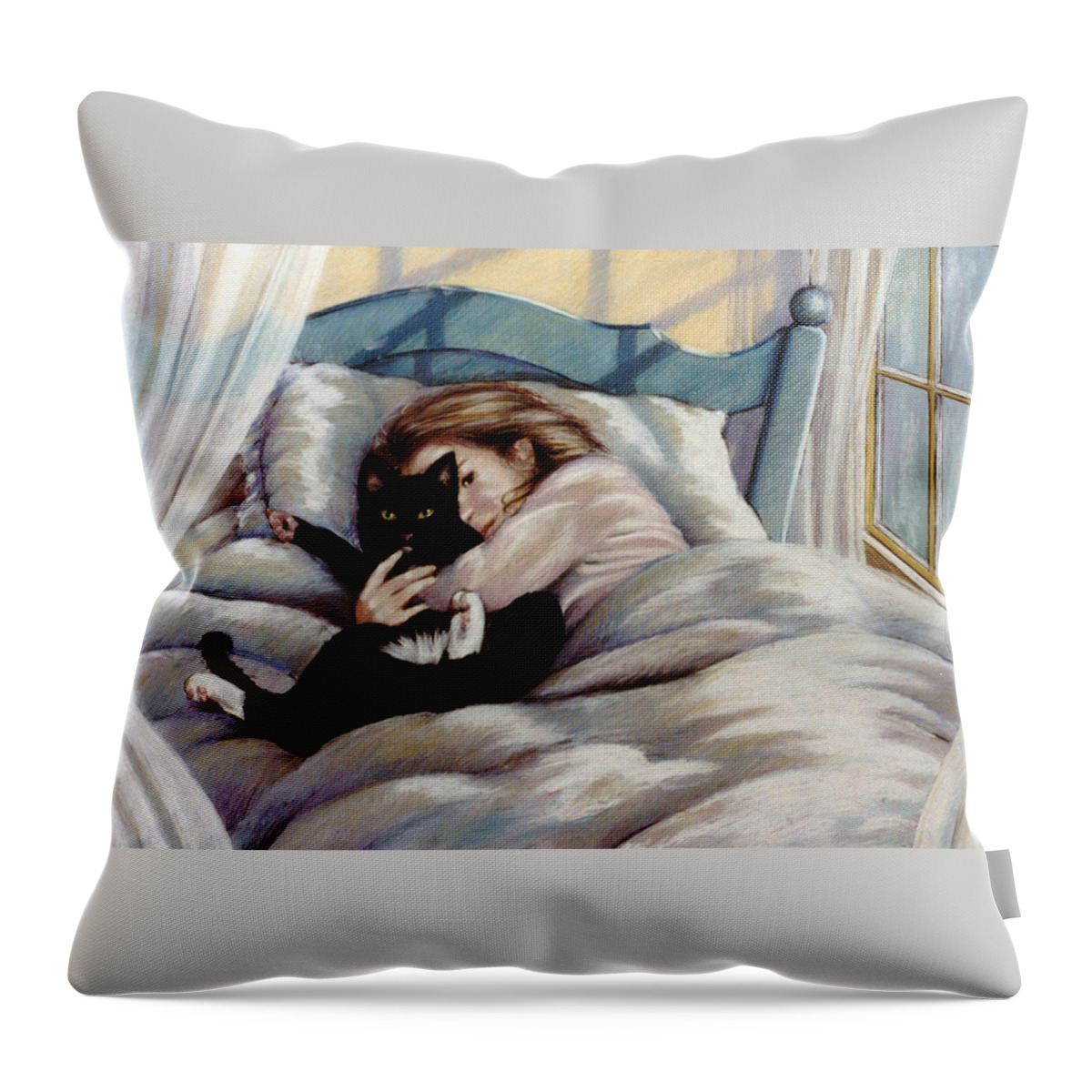 Cat With Girl Throw Pillow featuring the pastel Mittens by Marie Witte