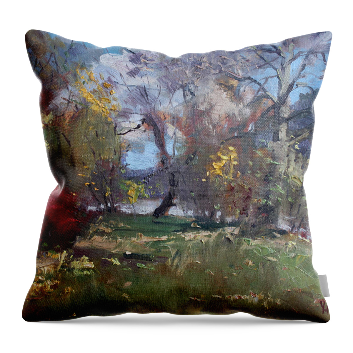 Duck Island Throw Pillow featuring the painting Mixed Weather in a Fall Afternoon by Ylli Haruni