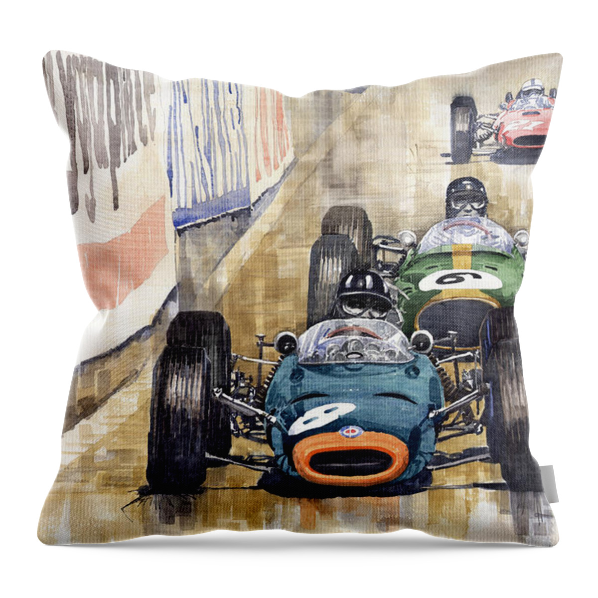 Watercolour Throw Pillow featuring the painting Monaco GP 1964 BRM Brabham Ferrari by Yuriy Shevchuk