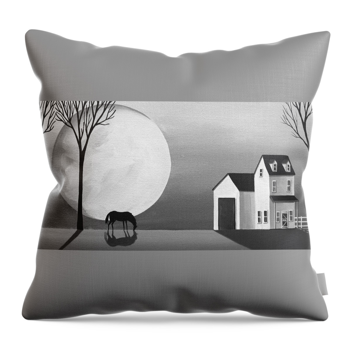 Art Throw Pillow featuring the painting Moon Grazing - folk art black white by Debbie Criswell