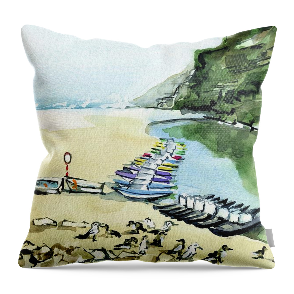 Portugal Throw Pillow featuring the painting Morning At Porto Novo Beach by Dora Hathazi Mendes