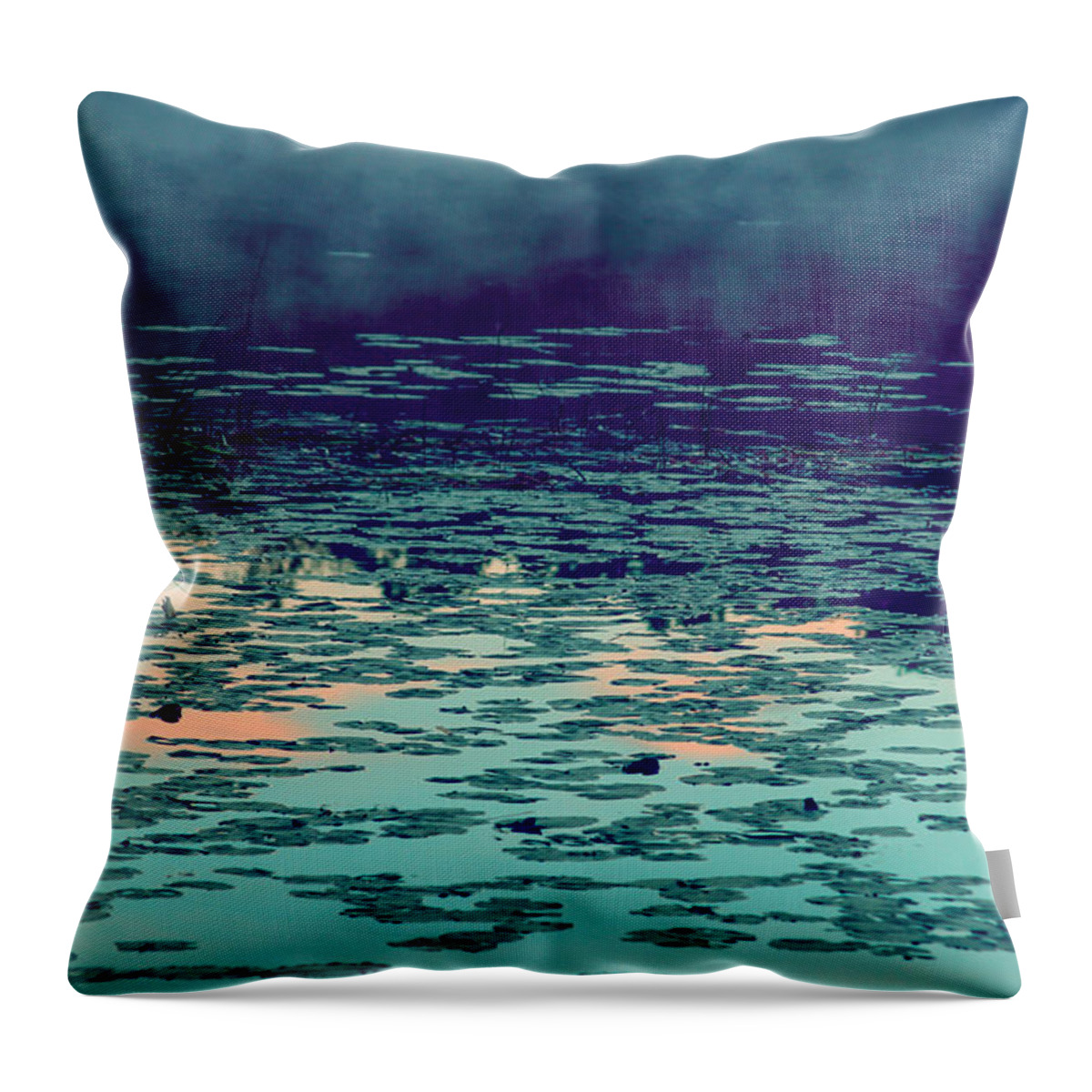 Morning Fog In The Lily Patch In Blues Throw Pillow featuring the photograph Morning Fog in the Lily Patch in Blues by Bonnie Follett