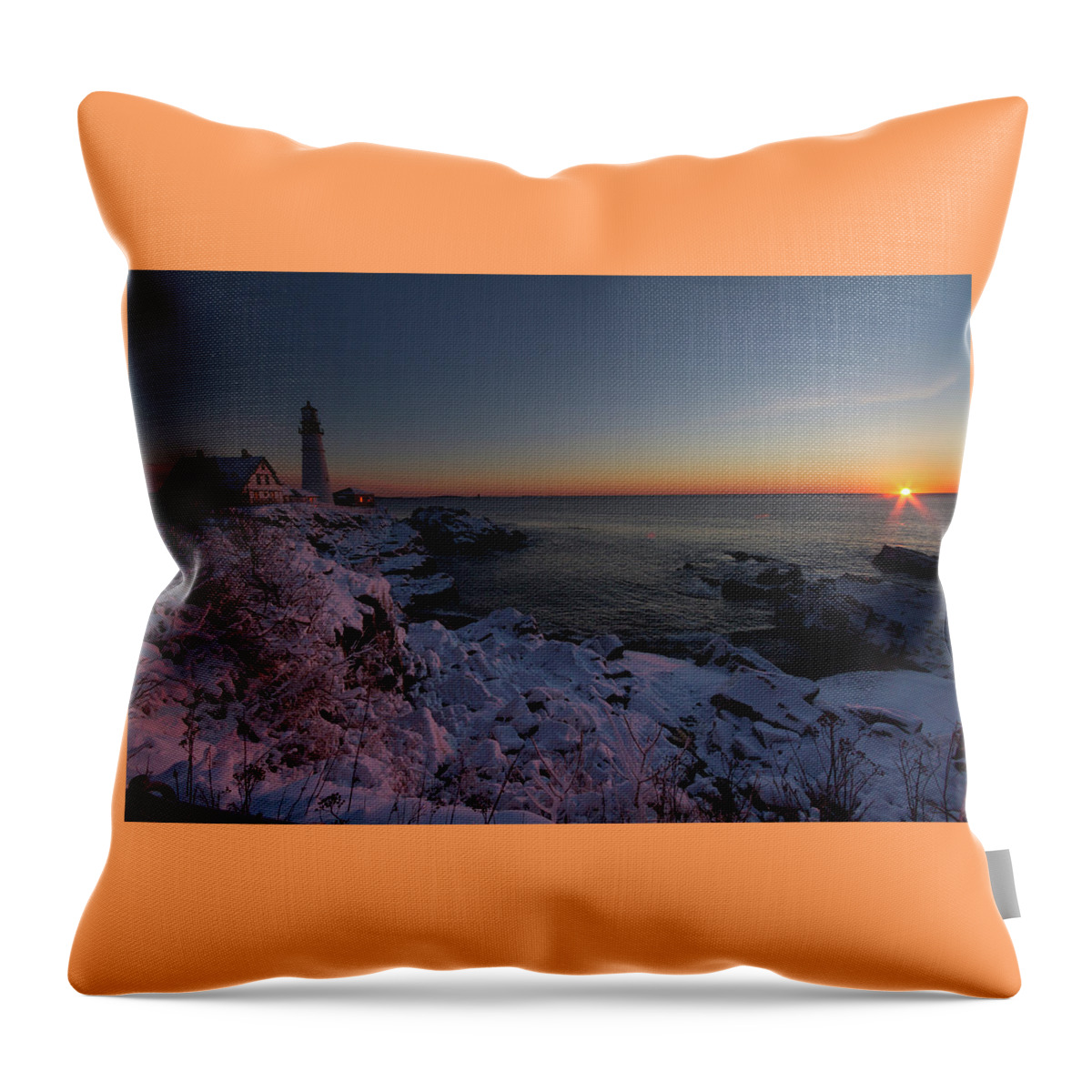 Landscape Throw Pillow featuring the photograph Morning Glow at Portland Headlight by Darryl Hendricks