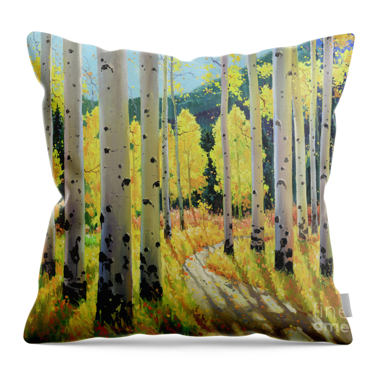 Aspen Trees Birch Trees Gary Kim Oil Print Art Print Woods Fall Trees Autumn Landscapes Landscape Nature Aspen Aspens Aspen Trees Aspen Tree Summer Flower Flowers Wildflowers Wildflower Tree Trees Meadow Meadows Throw Pillow featuring the painting Morning Lights Of Aspen Trail by Gary Kim