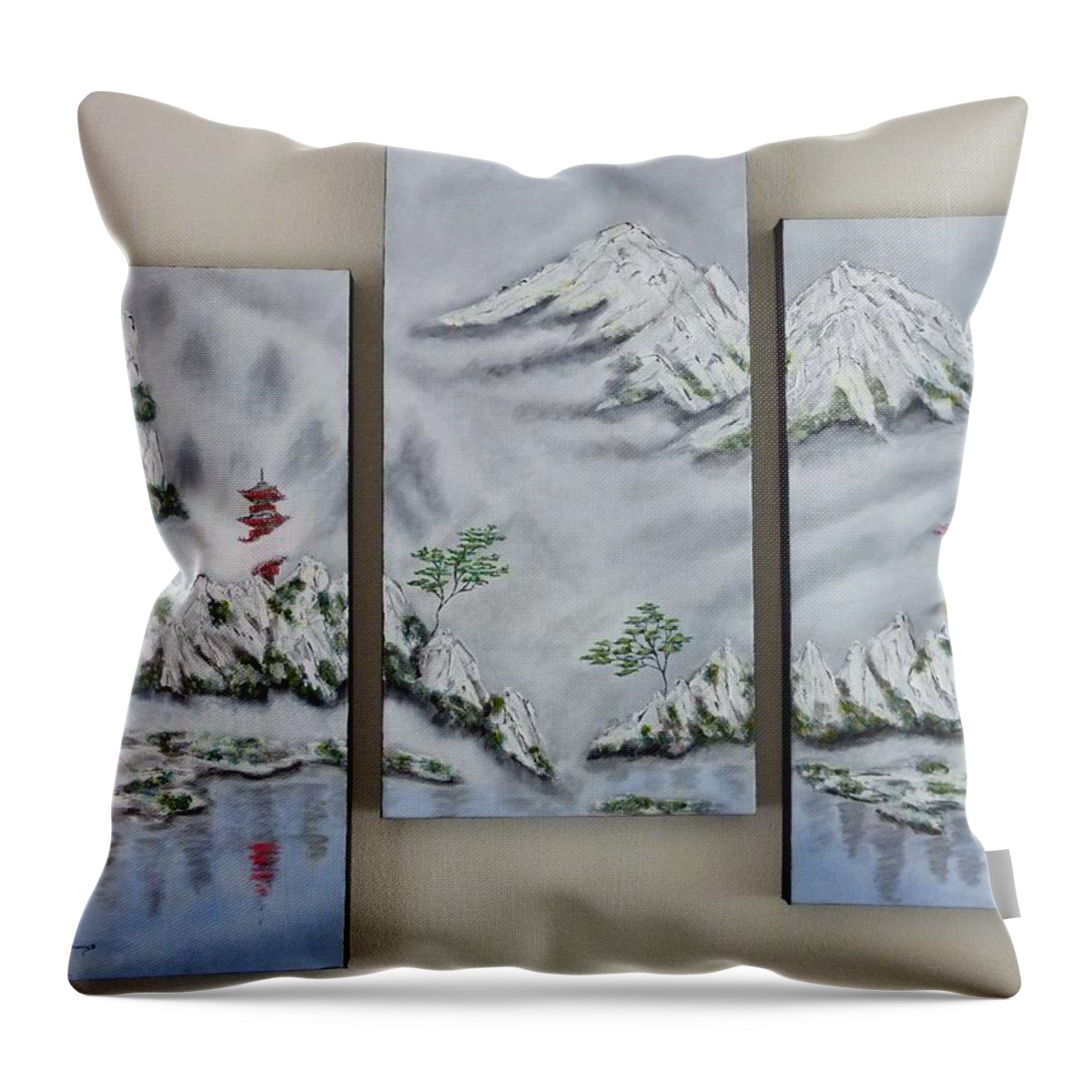 Morning Mist Throw Pillow featuring the painting Morning Mist Triptych by Amelie Simmons