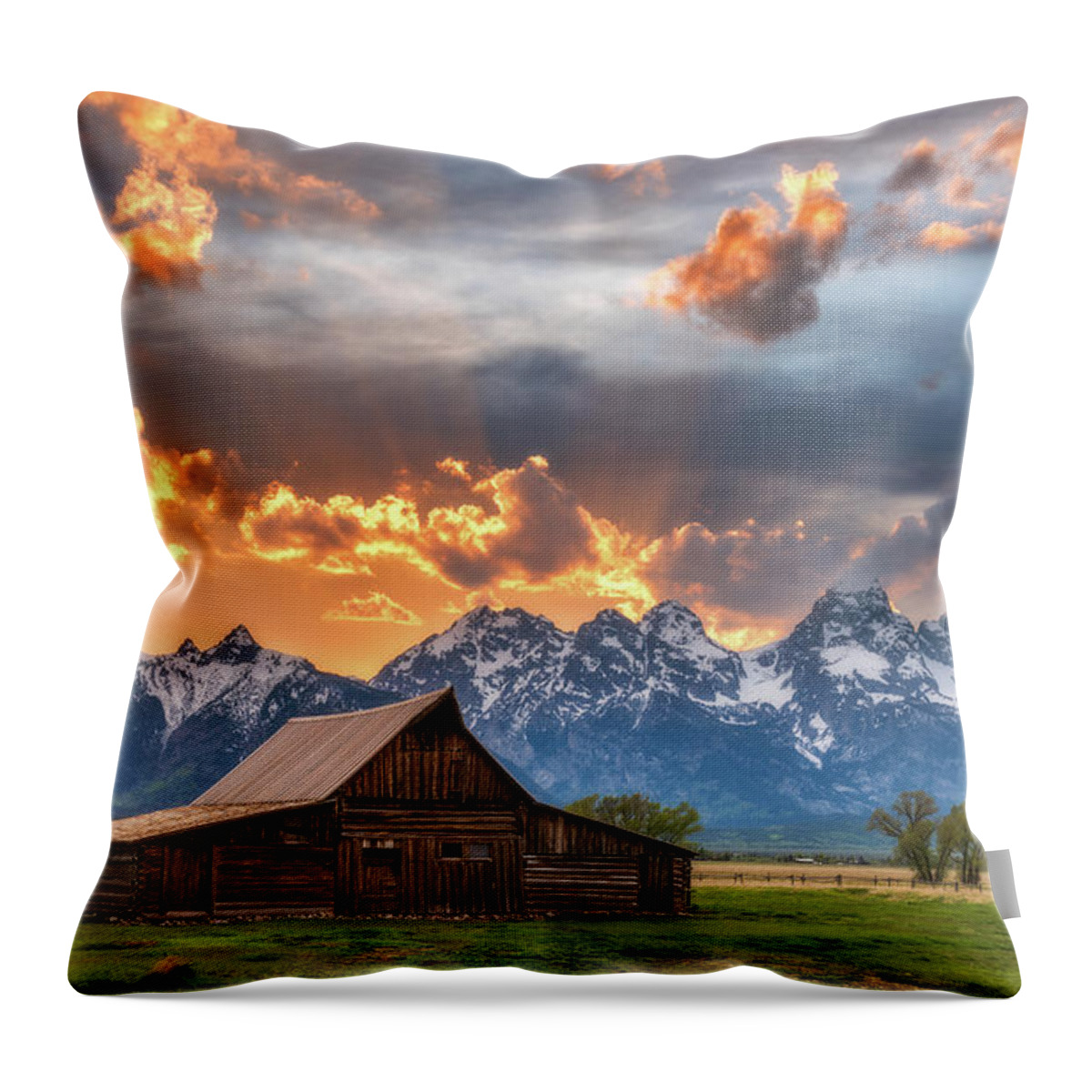 Moulton Barn Throw Pillow featuring the photograph Moulton Barn Sunset Fire by Darren White