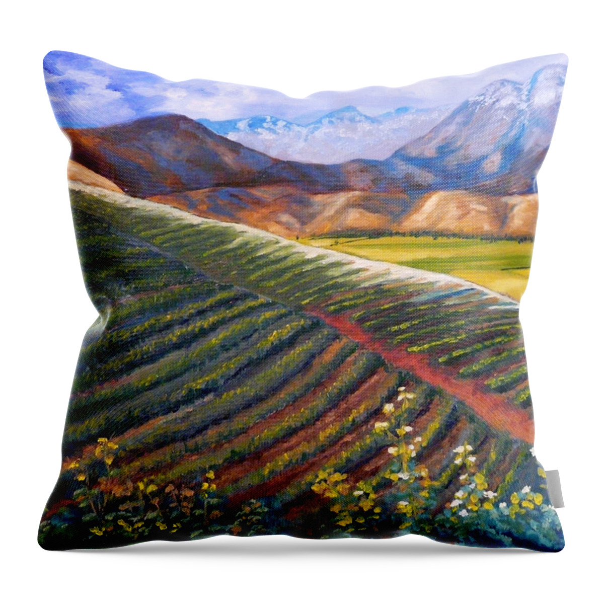Farm Land Throw Pillow featuring the painting Mountain Farmland The Vineyard by Vic Ritchey