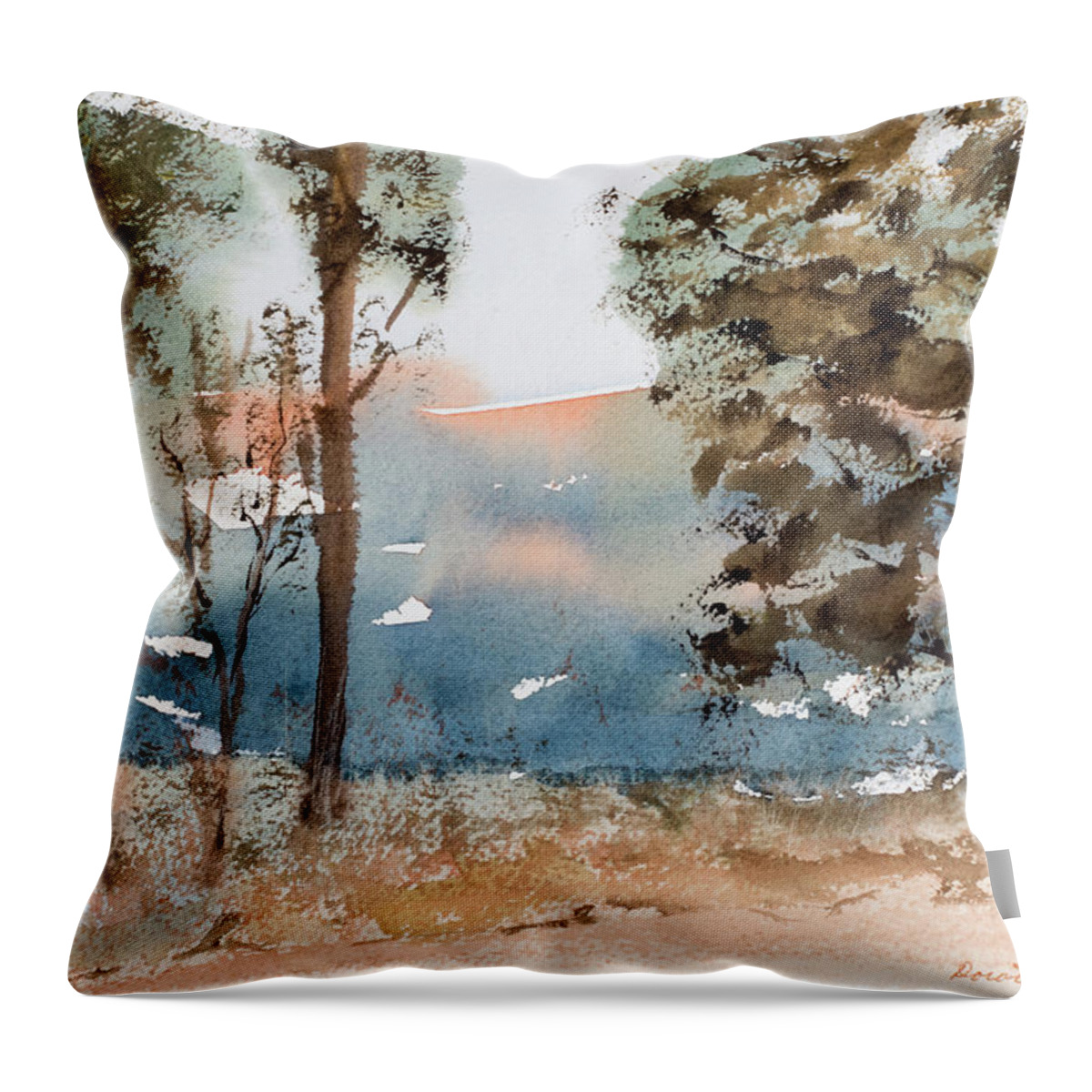 Mt Field National Park Throw Pillow featuring the painting Mt Field Gum Tree Silhouettes against Salmon coloured Mountains by Dorothy Darden