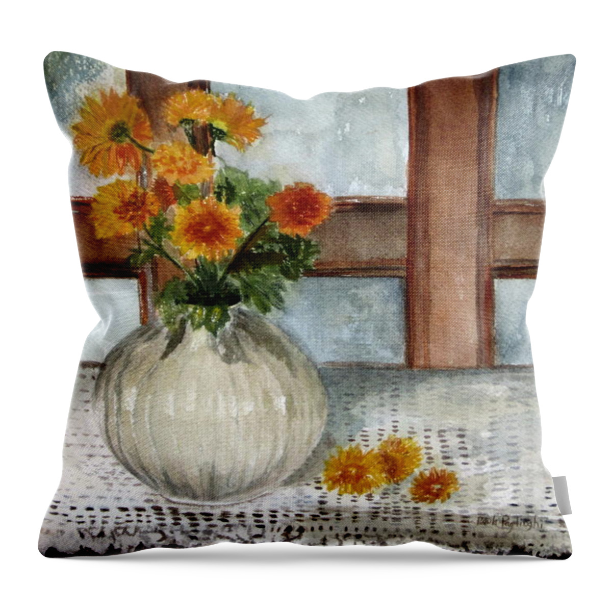 Small Vase Of Orange Mums Throw Pillow featuring the painting Mum is the Word by Paula Pagliughi