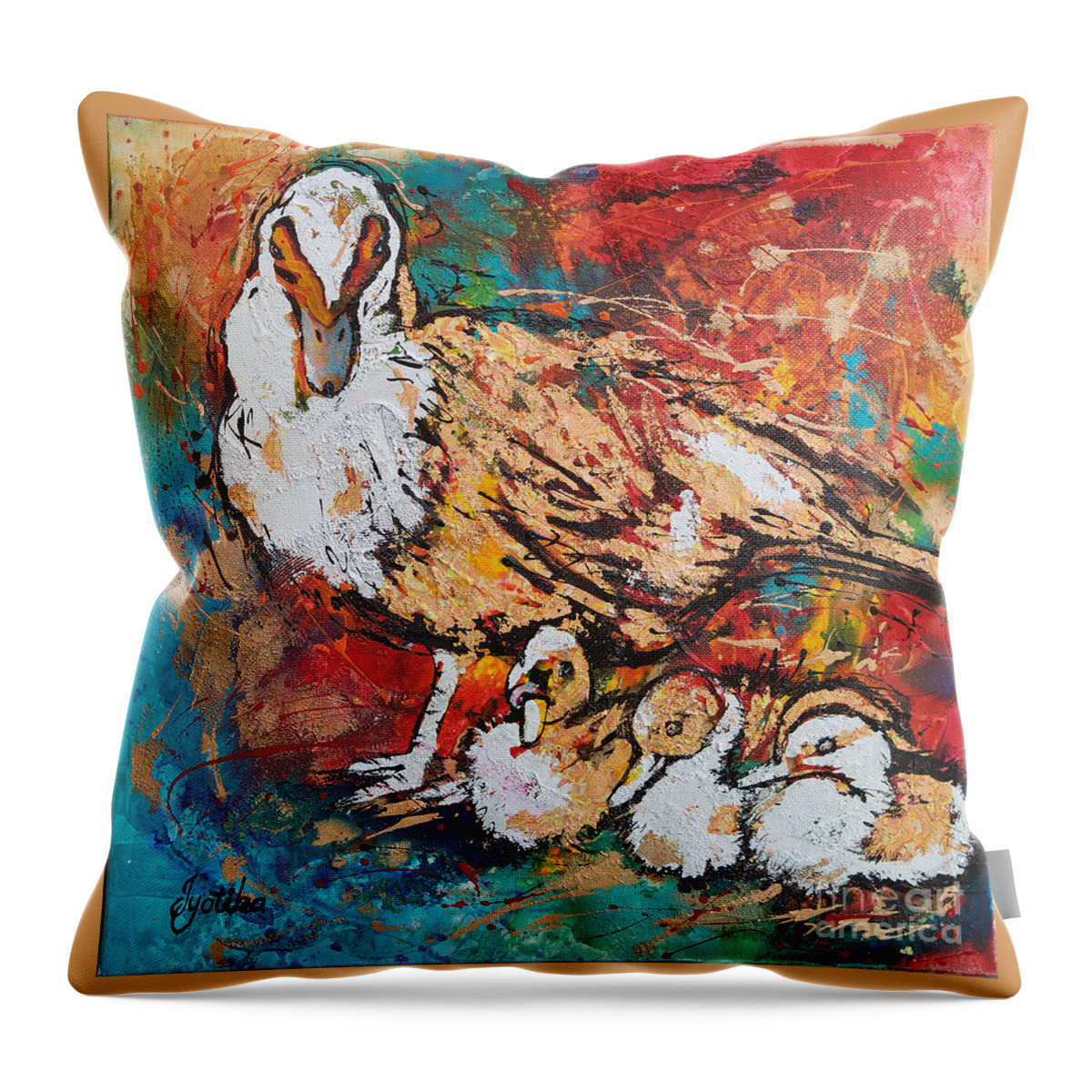 Muscovy Duck And Ducklings. Birds Throw Pillow featuring the painting Muscovy Ducklings by Jyotika Shroff