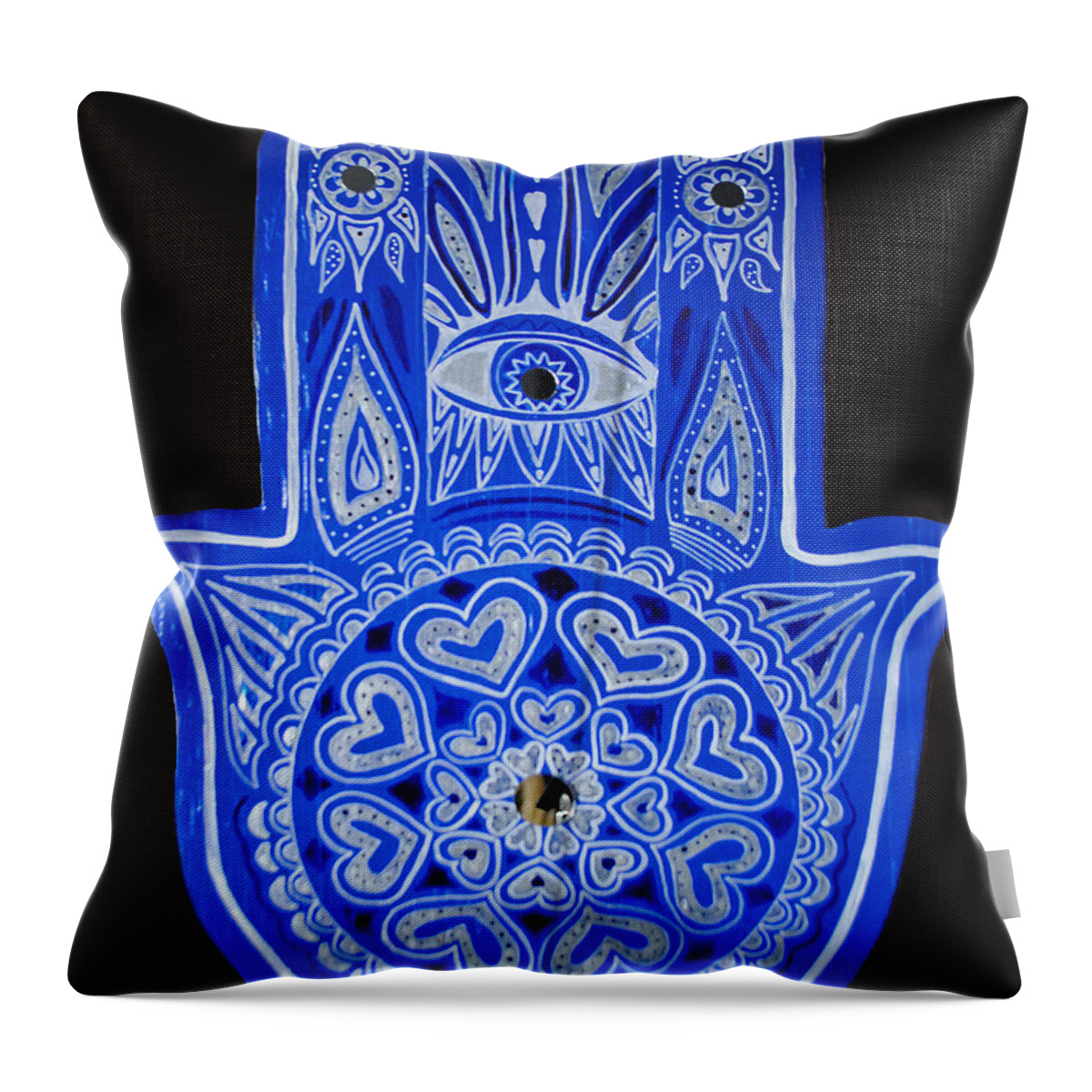 Blue Hamsa Throw Pillow featuring the painting My Blue Hamsa by Patricia Arroyo