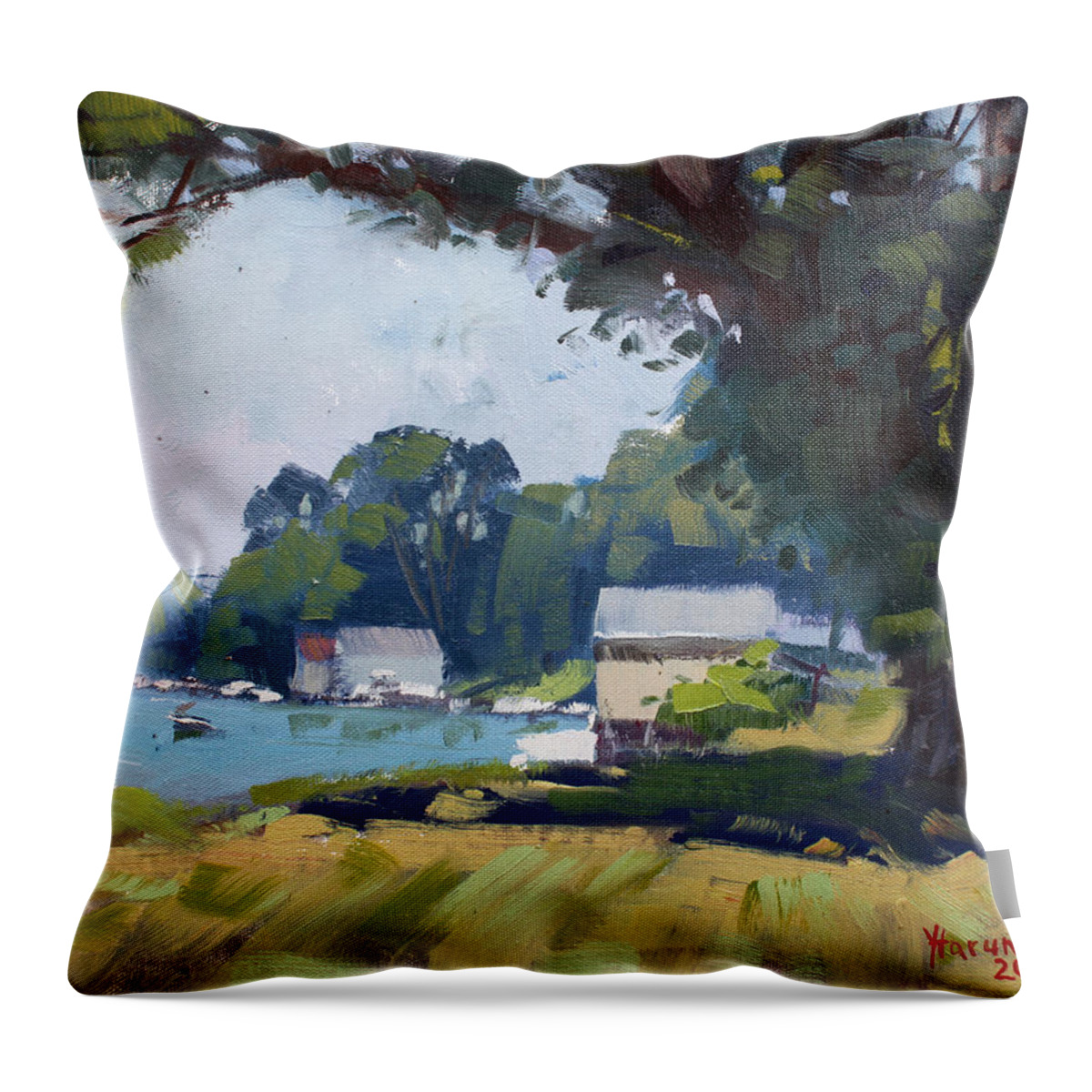 Demonstration Throw Pillow featuring the painting My Demonstration at Plein Air Workshop at Mayors Park by Ylli Haruni