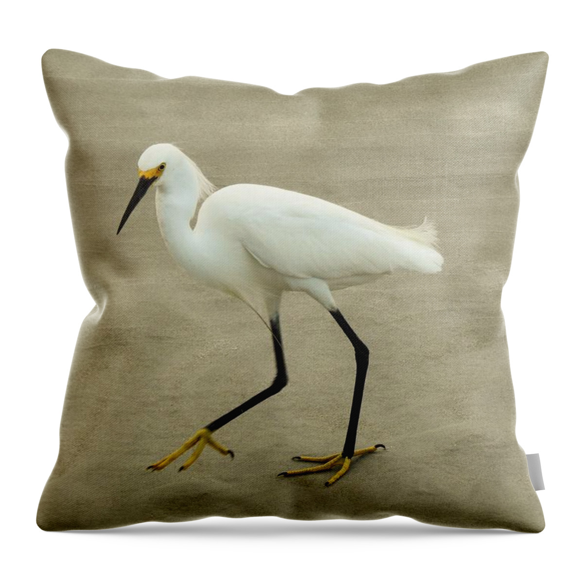 Snowy Egret Throw Pillow featuring the photograph My Yellow Shoes by Jan Gelders