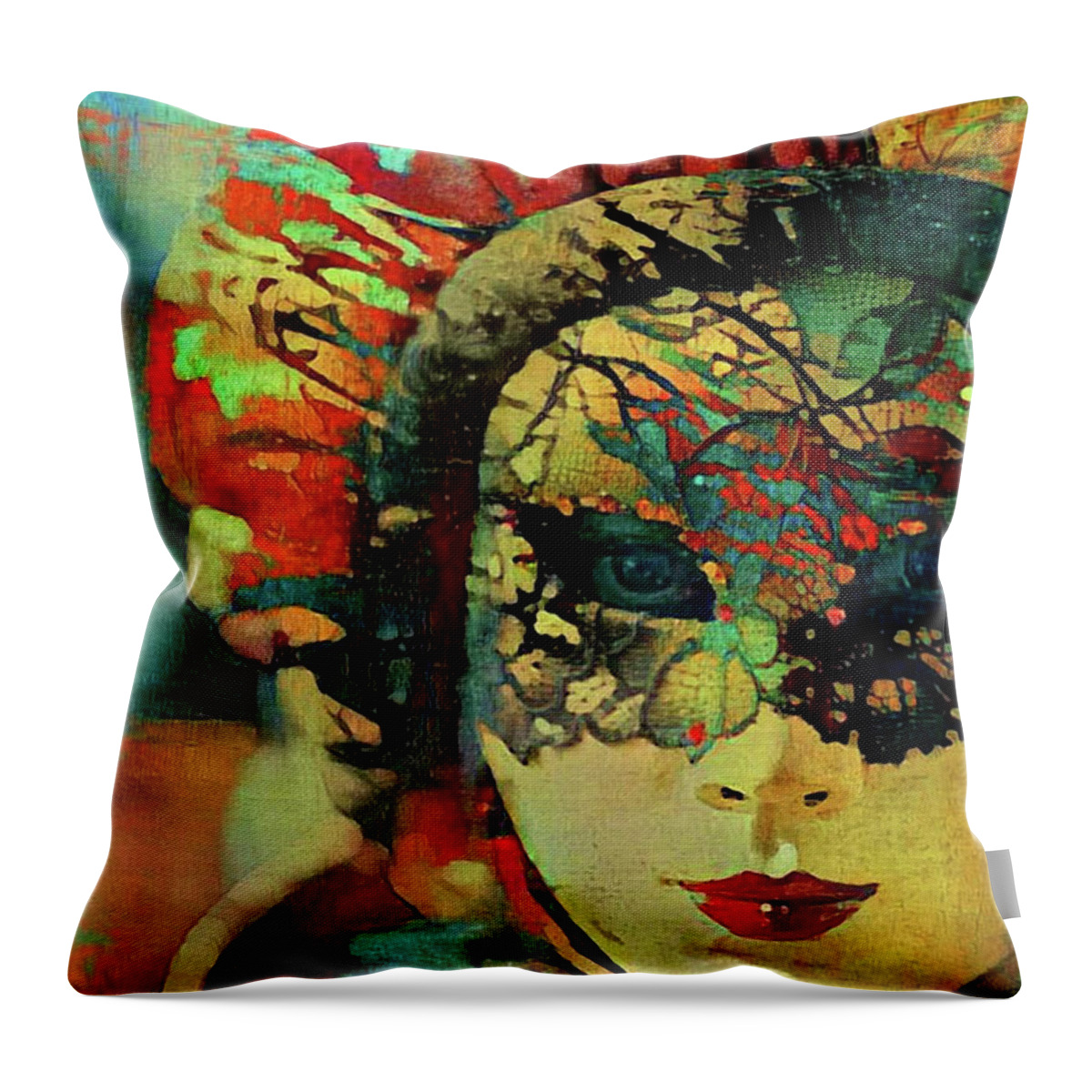 Mysterious Throw Pillow featuring the mixed media Mysterious mask by Lilia D