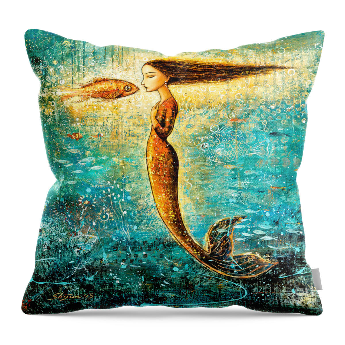 Mermaid Art Throw Pillow featuring the painting Mystic Mermaid IV by Shijun Munns