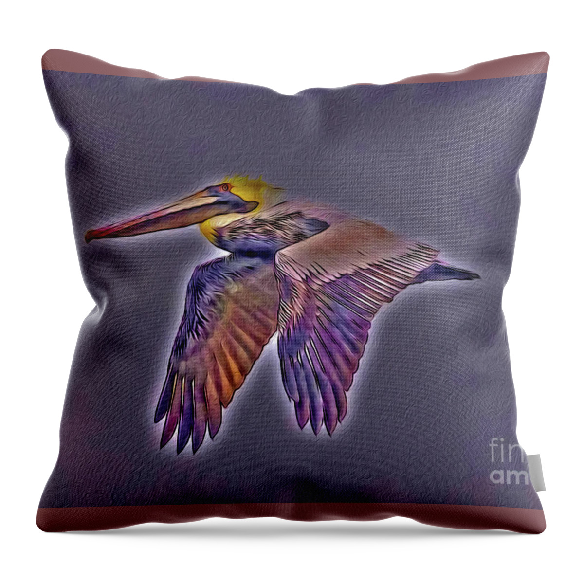 Brown Throw Pillow featuring the digital art Mystical Brown Pelican Soaring Spirit by DB Hayes