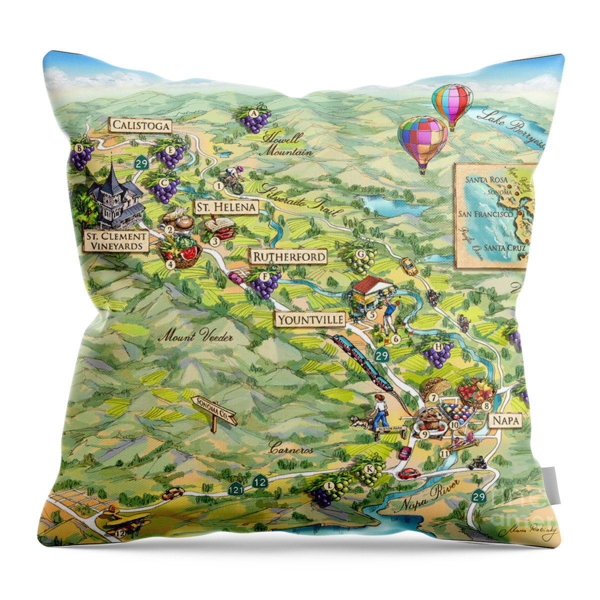 Napa Valley Throw Pillow featuring the painting Napa Valley Illustrated Map by Maria Rabinky