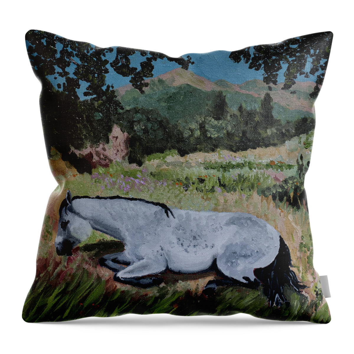 Landscape Throw Pillow featuring the painting Napping Horse by Jackie MacNair