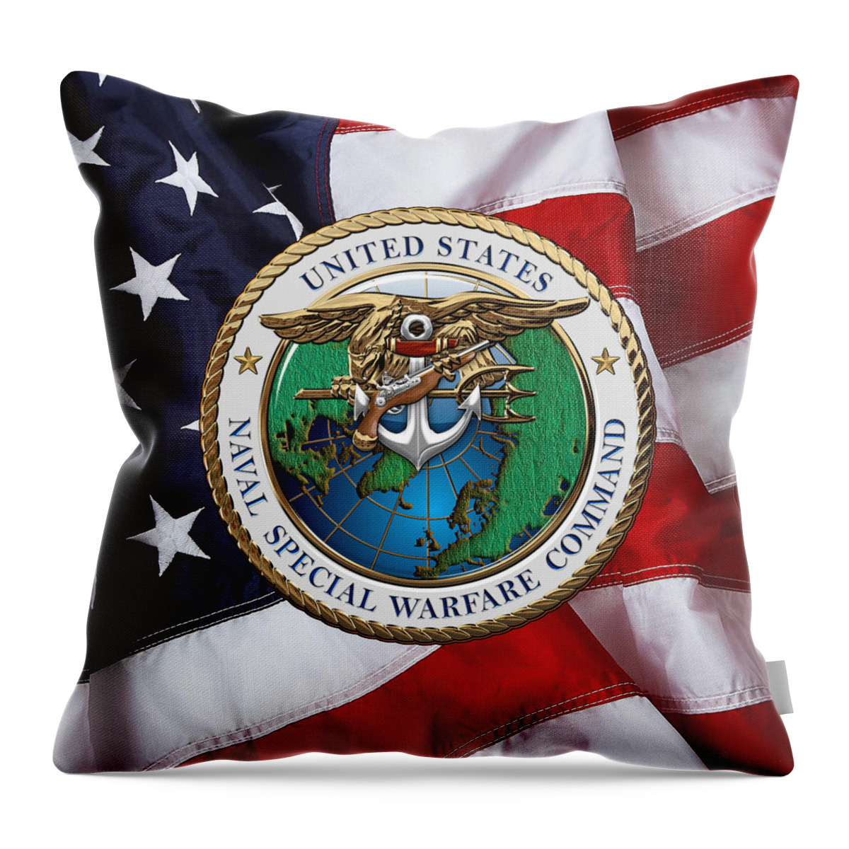 'military Insignia & Heraldry - Nswc' Collection By Serge Averbukh Throw Pillow featuring the digital art Naval Special Warfare Command - N S W C - Emblem over U. S. Flag by Serge Averbukh