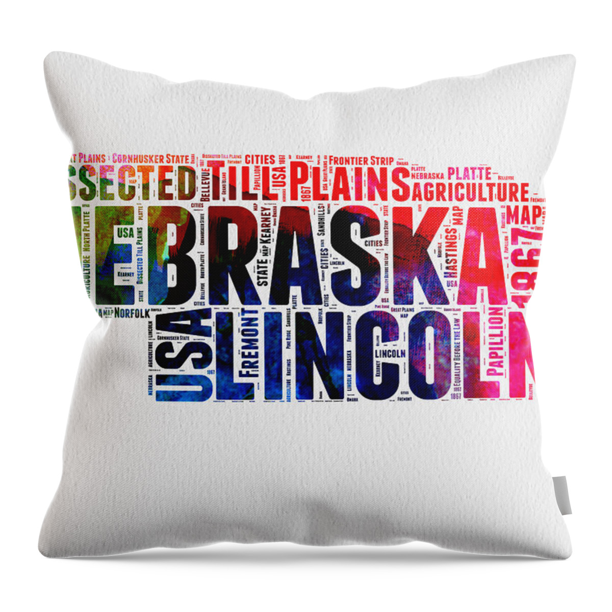 Nebraska Throw Pillow featuring the digital art Nebraska Watercolor Word Cloud by Naxart Studio