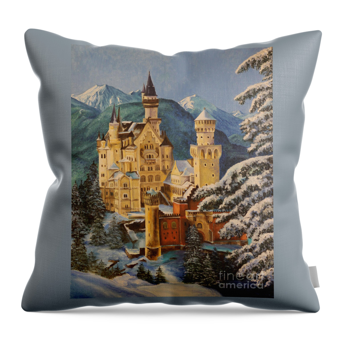 Germany Art Throw Pillow featuring the painting Neuschwanstein Castle in Winter by Charlotte Blanchard