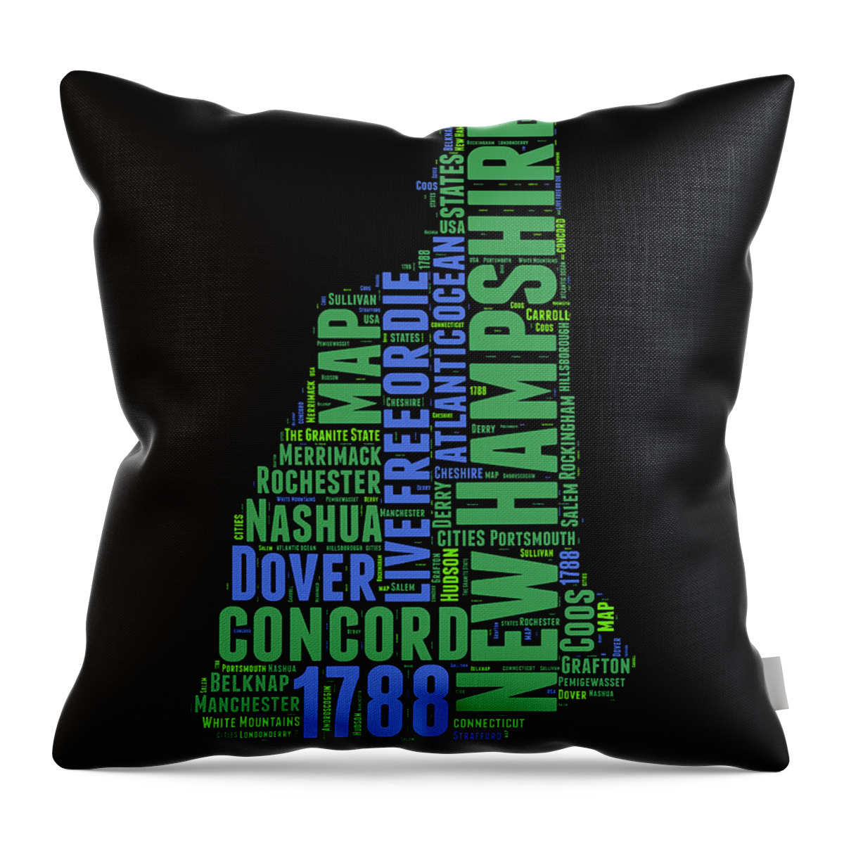 New Hampshire Throw Pillow featuring the digital art New Hampshire Word Cloud Map 1 by Naxart Studio