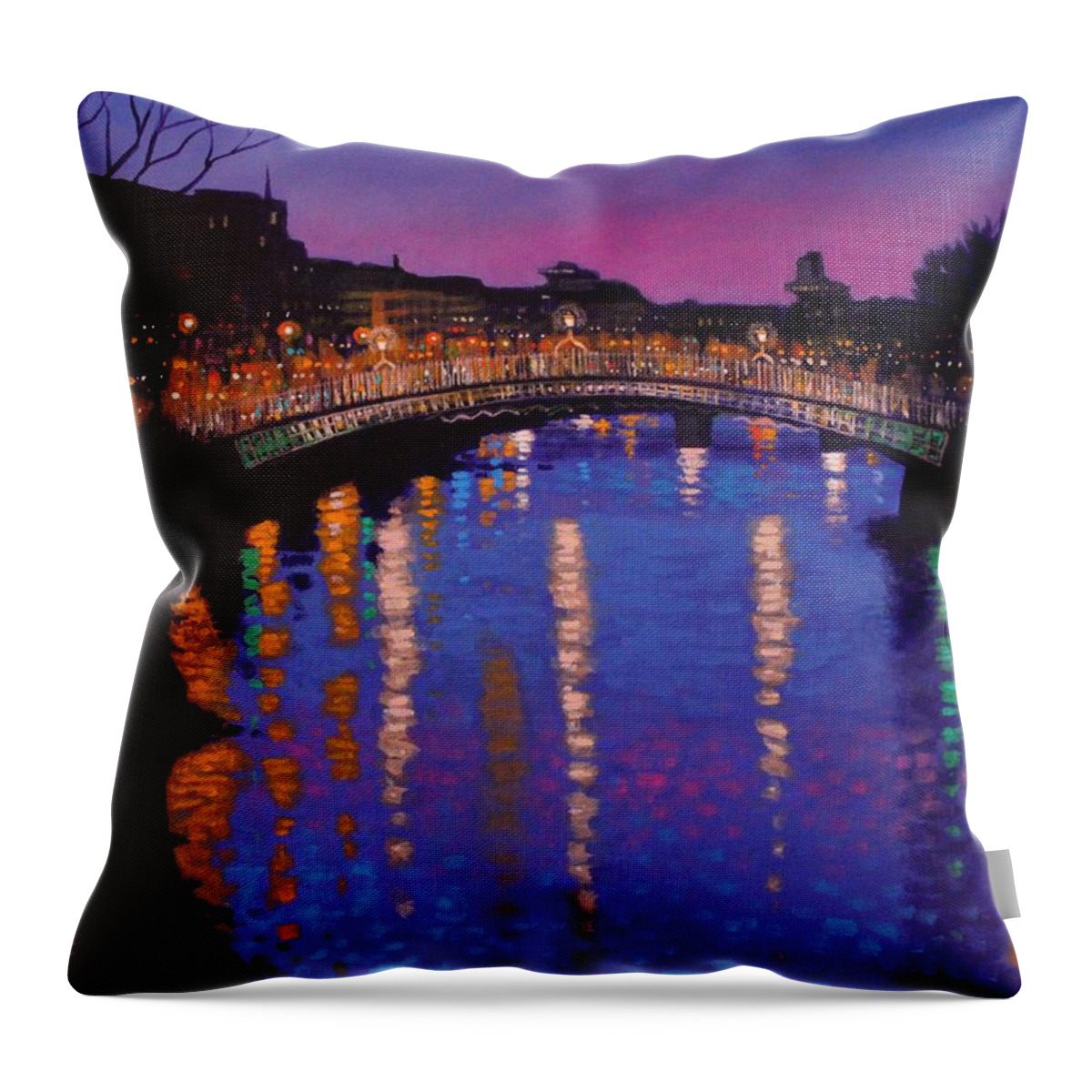 Dublin Throw Pillow featuring the painting Nighttown Ha Penny Bridge Dublin by John Nolan