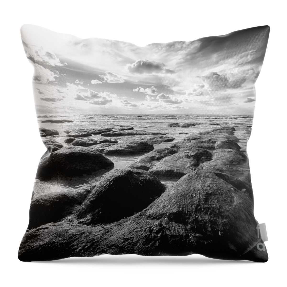 Norfolk Throw Pillow featuring the photograph Norfolk Hunstanton rugged coastline black and white by Simon Bratt