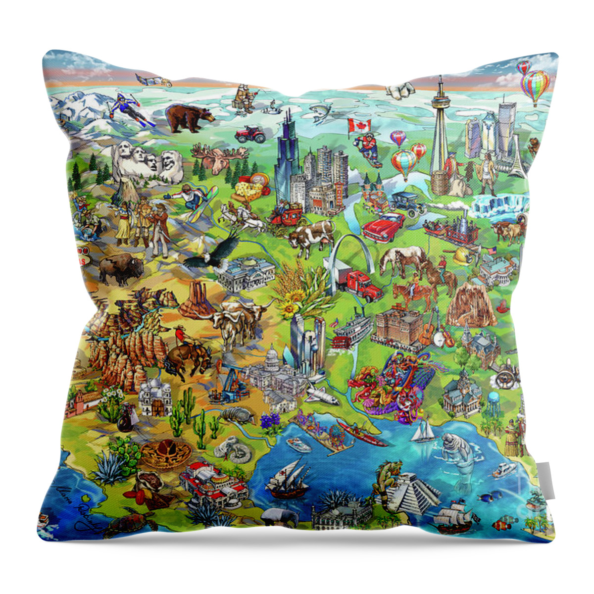 Los Angeles; Santa Barbara; Us; Usa; Maria Rabinky; Rabinky; New York; Illustrated Map; United States; Chicago; San Francisco; Pictorial Map; America; Colorful Map Of America Throw Pillow featuring the painting North America Wonders Map Illustration by Maria Rabinky